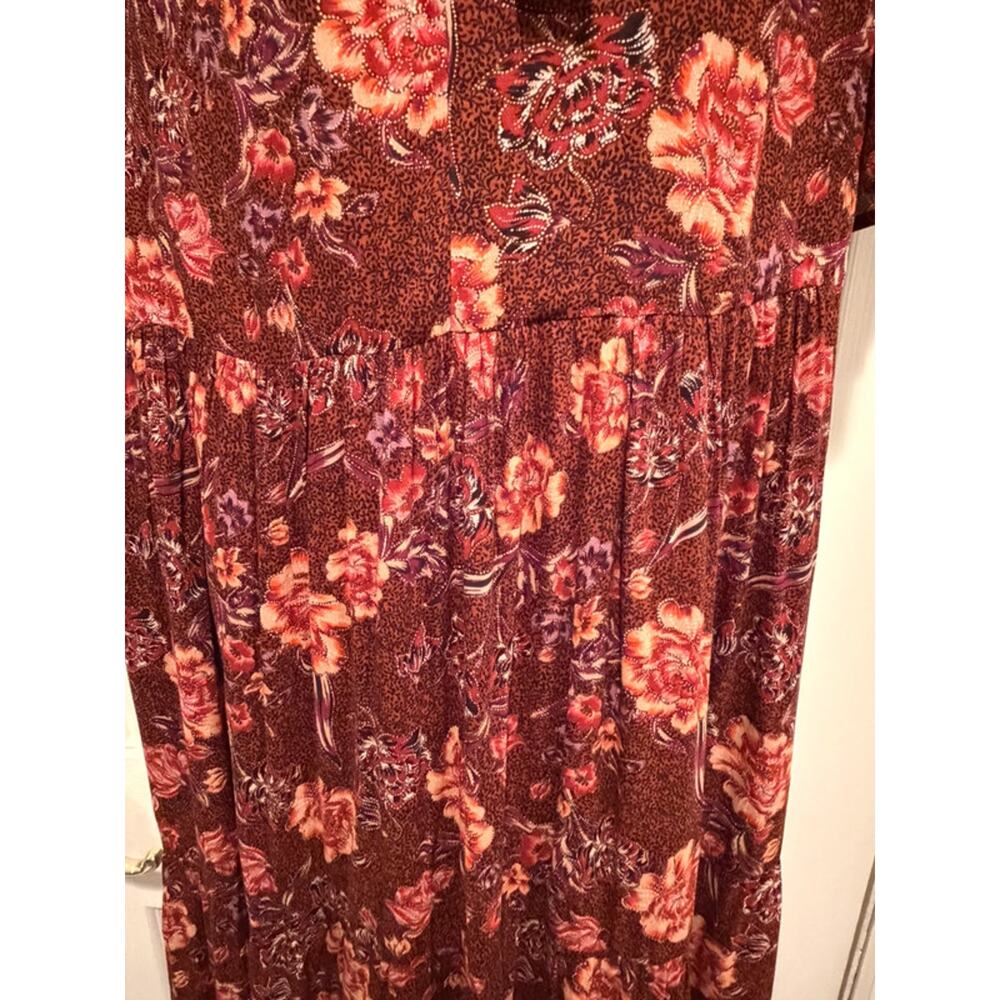 Good Hart Floral Boho Midi Dress Burgundy Rust Red Tie Neck Rayon Medium M - Picture 6 of 11